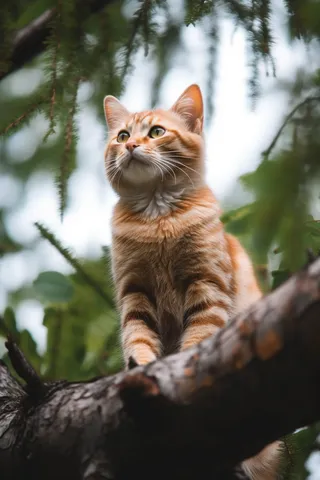 橘猫田园猫爬在树干上玩耍摄影图