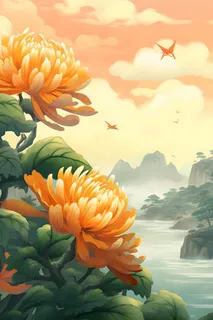 菊花国风山水插画