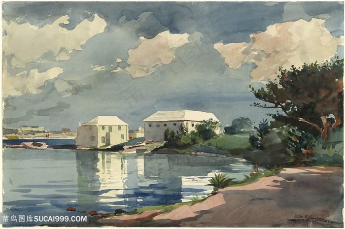 湖畔唯美房子油画风景画