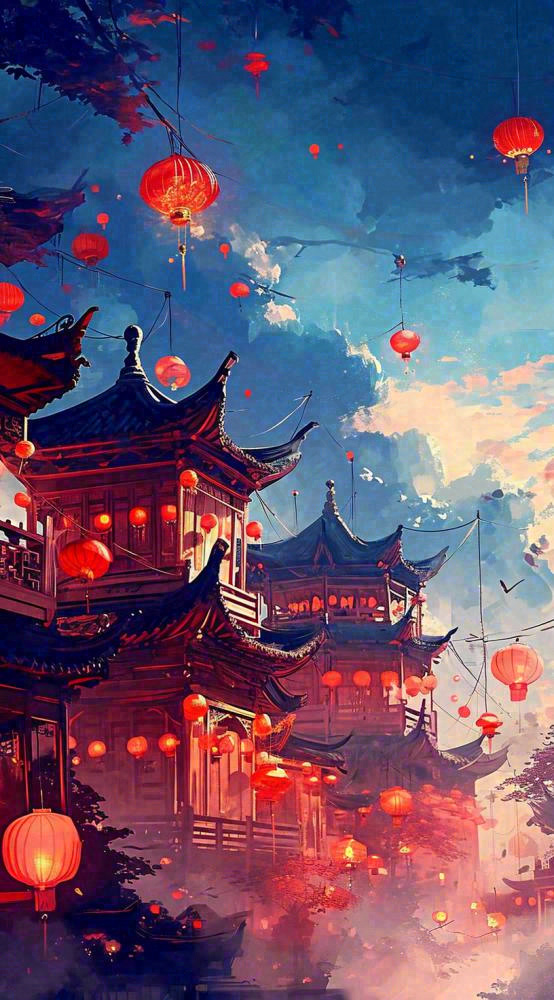 夜晚夜景月亮国风建筑灯笼星空浪漫，恐怖悬疑