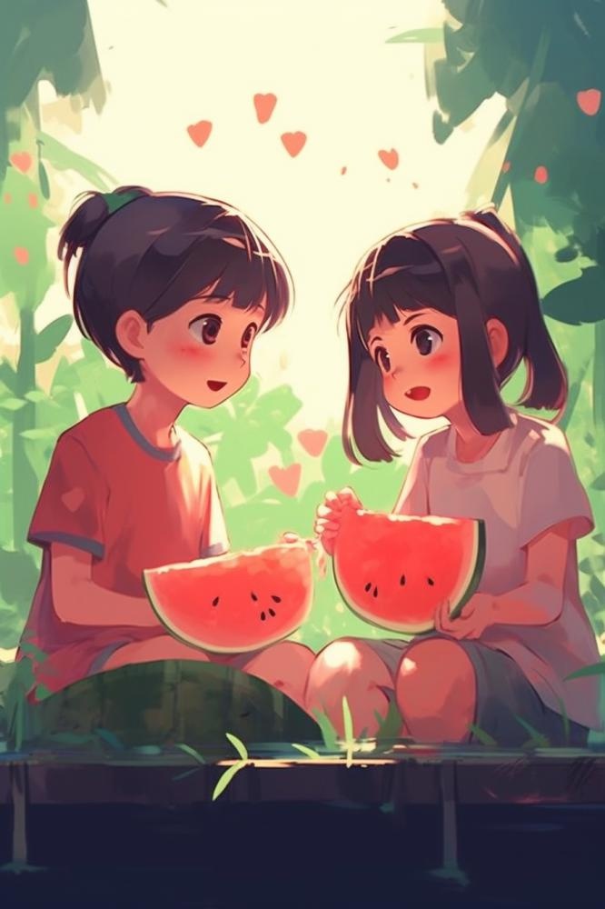 夏日卡通插画儿童吃西瓜动漫风背景