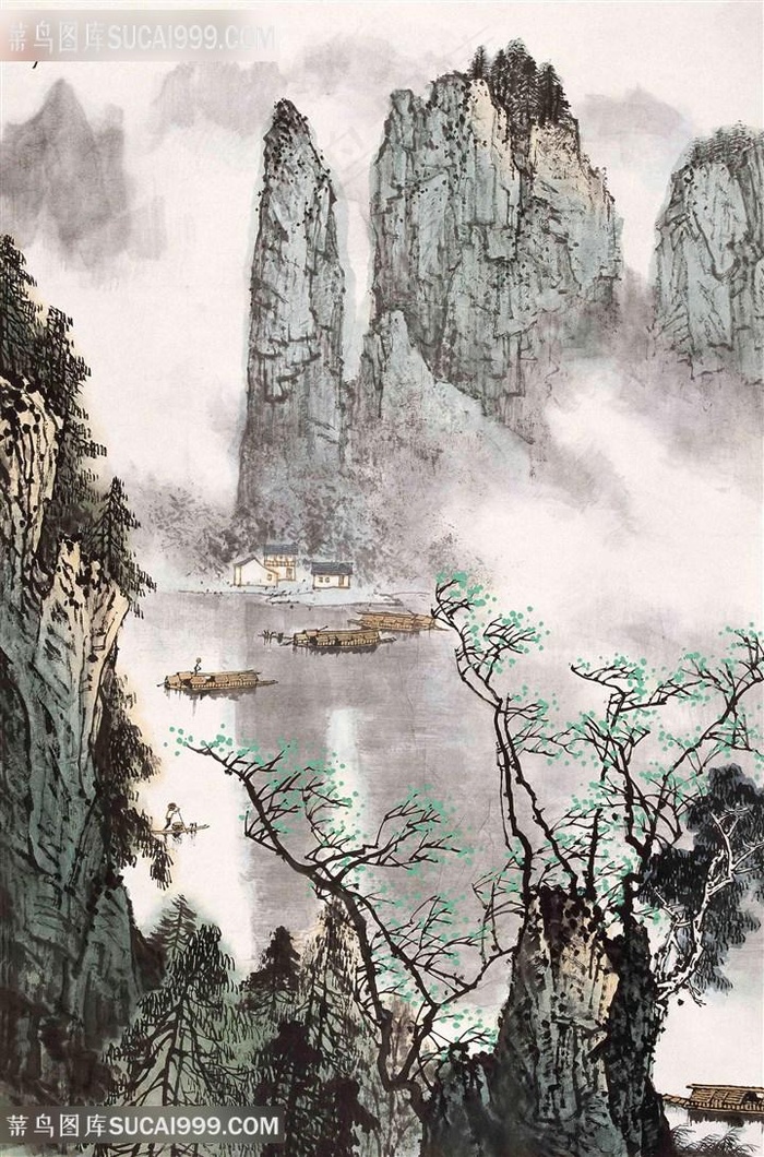 白雪石湖畔山脉水墨风景画装饰画