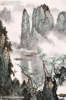 白雪石湖畔山脉水墨风景画装饰画 白雪石湖畔山脉水墨风景画装饰画