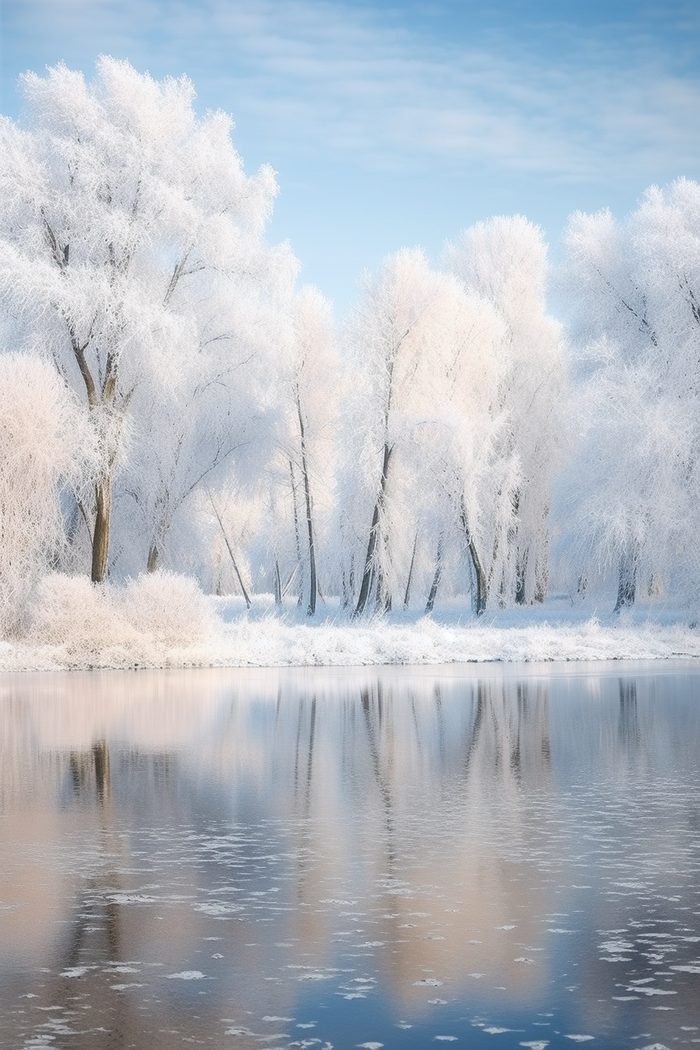冬天雪景湖边的树木摄影图
