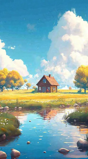 蓝天草坪上小屋房子在河流旁，河面倒影