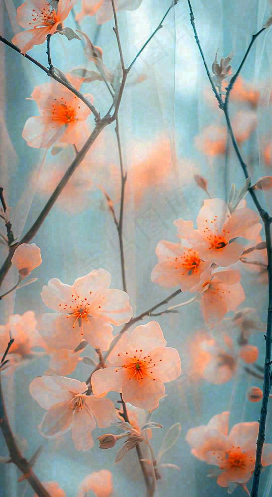 春天窗台橙色渐变鲜花，朦胧枝叶，春节立春(816x1488)