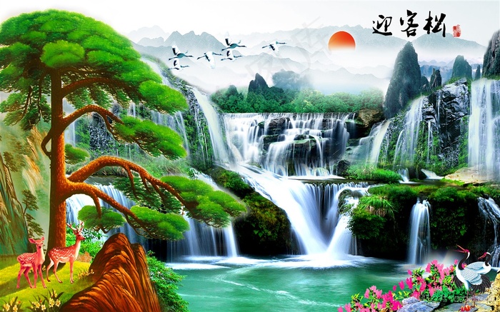 迎客松风景字画高清分辨率喷绘打印办公室挂画素材山水花草