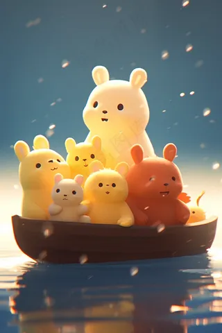 小熊们坐船湖泊卡通插画