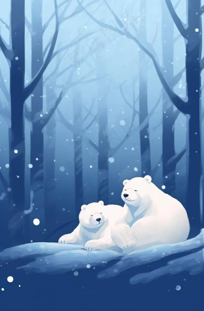 冬天白熊躺着雪地里森林卡通插画背景(896x1360)