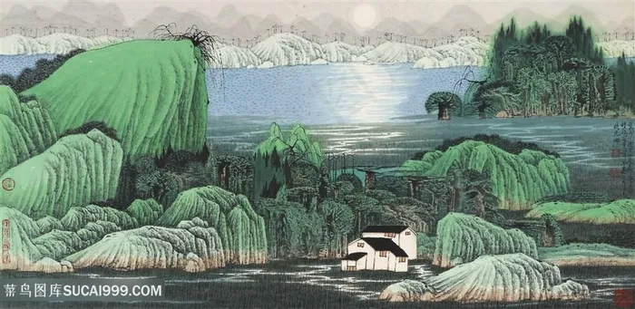薛亮水墨风景画巍峨山脉湖畔美景装饰画