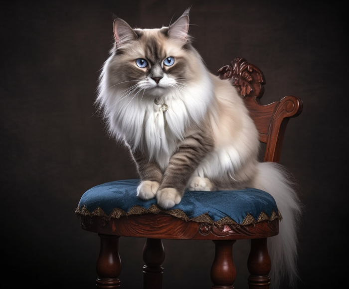 一只可爱的猫咪长毛坐着凳子上摄影图