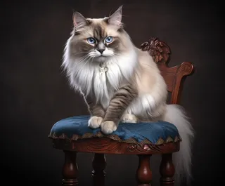 一只可爱的猫咪长毛坐着凳子上摄影图