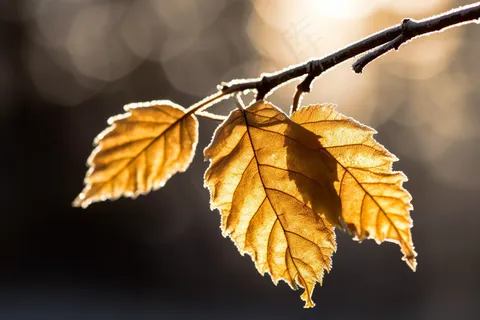 秋天黄叶上的白霜摄影图