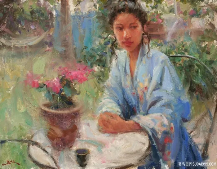 花园坐在桌子上的女人油画装饰画
