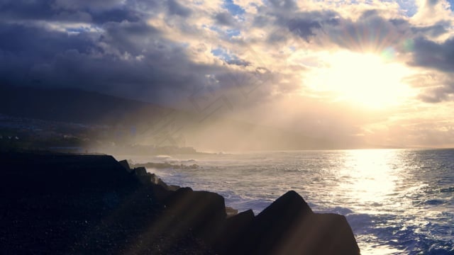 日落, 海洋, 太阳光线, 波浪, 障碍, 海滩, 美丽的