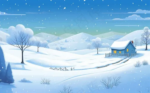 冬天乡村雪地里的房子雪景白雪卡通插画背景