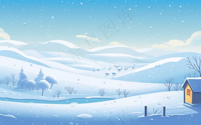 冬天乡村雪地里的房子雪景白雪卡通插画背景(1392x864)