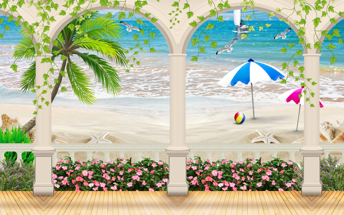 蓝天花卉海边背景