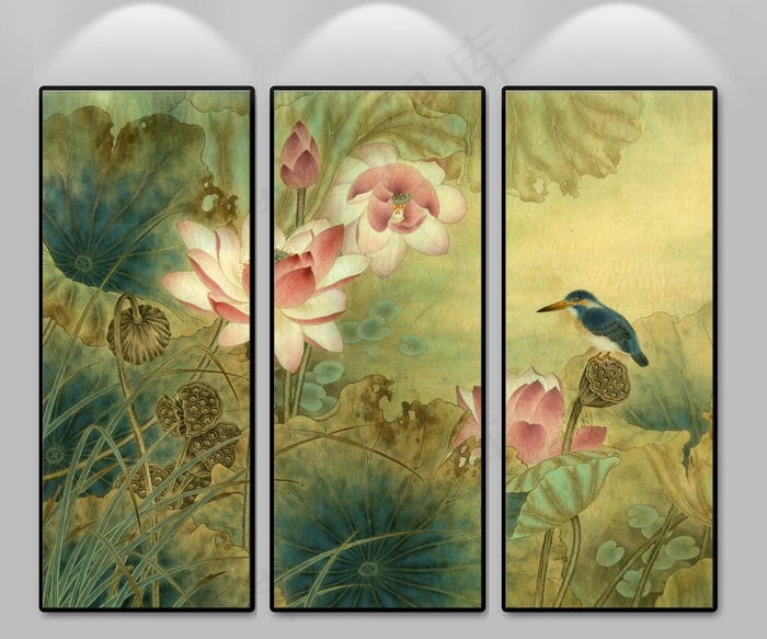 荷花翠鸟图中式装饰画