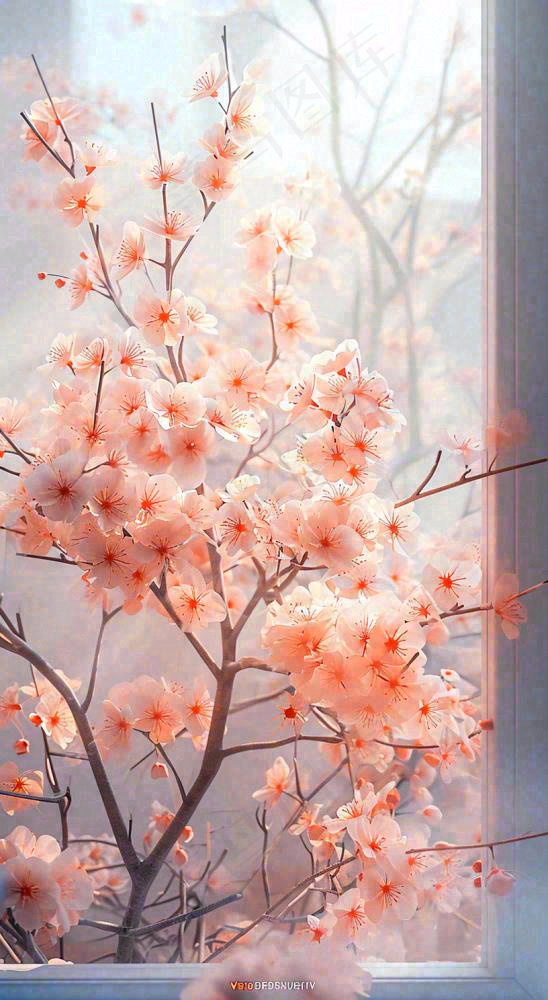 春天窗台粉色渐变鲜花，枝叶，春节立春(816x1488)