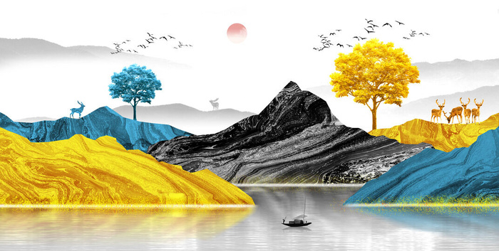 金色山水小船发财树背景