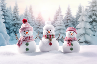 冬天雪人在雪地里森林雪景摄影图