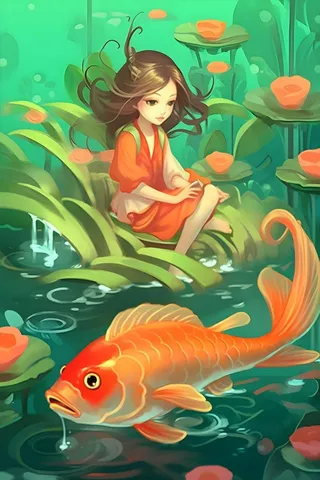 湖水水草金鱼女孩插画背景