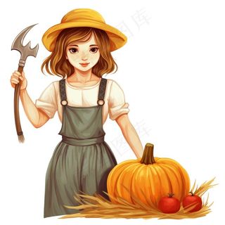 秋收女孩农忙工具南瓜麦子插画免抠