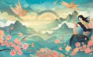 国潮风山峦云树枝花鸟插画海报素材背景