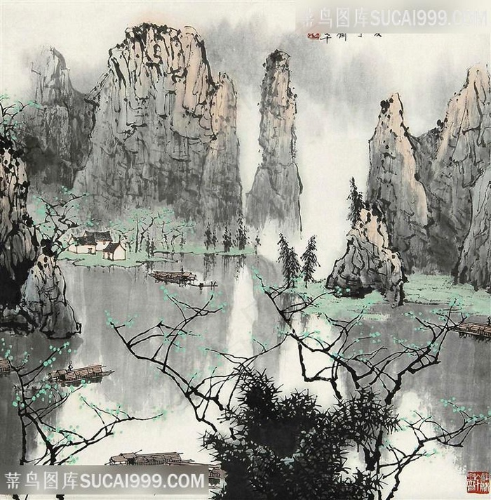 白雪石水墨山脉高清风景画