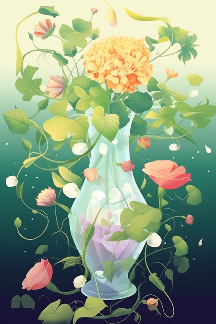 花朵藤蔓包围的花瓶绿色背景插画 (2688x4032)