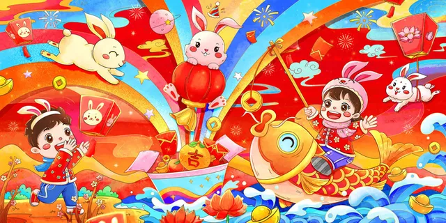 国潮风兔年新春喜庆展板