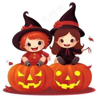 万圣节女巫南瓜灯捣蛋卡通插画免抠