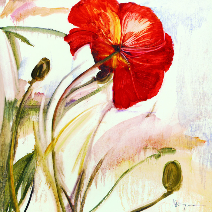 水彩红花植物油画