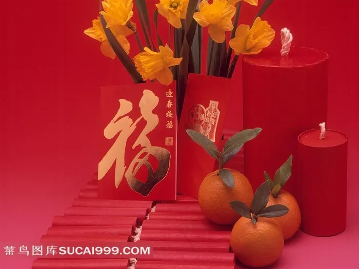 蜡烛鞭炮桔子素材图片