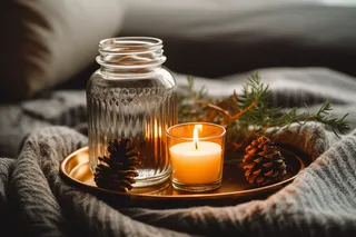 秋冬房间茶几托盘里点燃的香薰杯蜡烛松果玻璃瓶摄影图