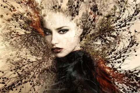 头发用灰色植物代替的外国女子