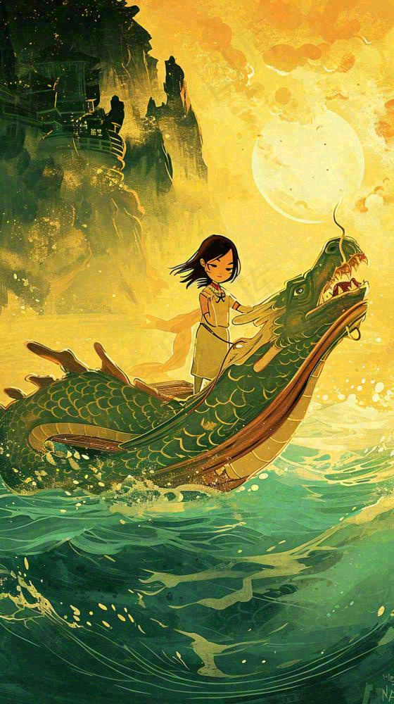 国风中国龙龙年落日黄绿色意境海浪插画手绘(816x1456)