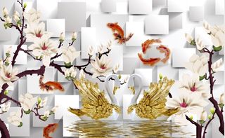 雕塑花枝天鹅背景墙