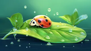 七星瓢虫在绿色叶子上露水卡通插画背景 