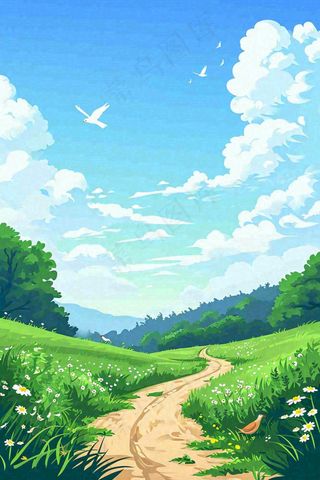 春天郊外旅行蓝天白云清新草地手绘，春分