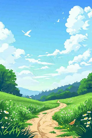春天郊外旅行蓝天白云清新草地手绘，春分