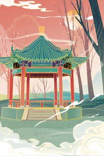 中国风国潮古建筑地标城市古风建筑阁楼印象地标手绘插画PSD素材