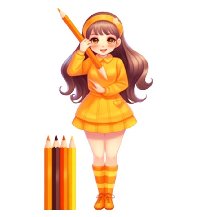 橙色女孩拿着笔免抠