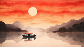 江南水乡水墨画山水船红色插画