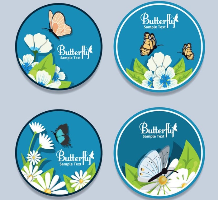 4款圆形花卉和蝴蝶标签矢量