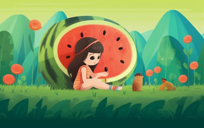 坐着西瓜草地的女孩插画背景
