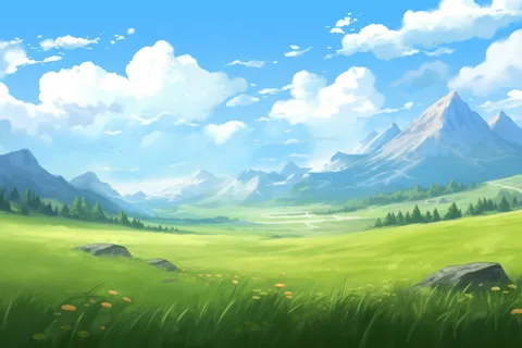 卡通插画春天蓝天白云下的草原山川