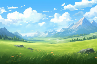 卡通插画春天蓝天白云下的草原山川