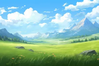 卡通插画春天蓝天白云下的草原山川